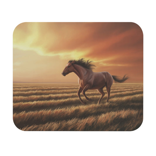 Tapis de souris 22x18 cm – Cheval au Galop dans un Champ Doré – Coucher de Soleil & Liberté Sauvage – Design Équestre
