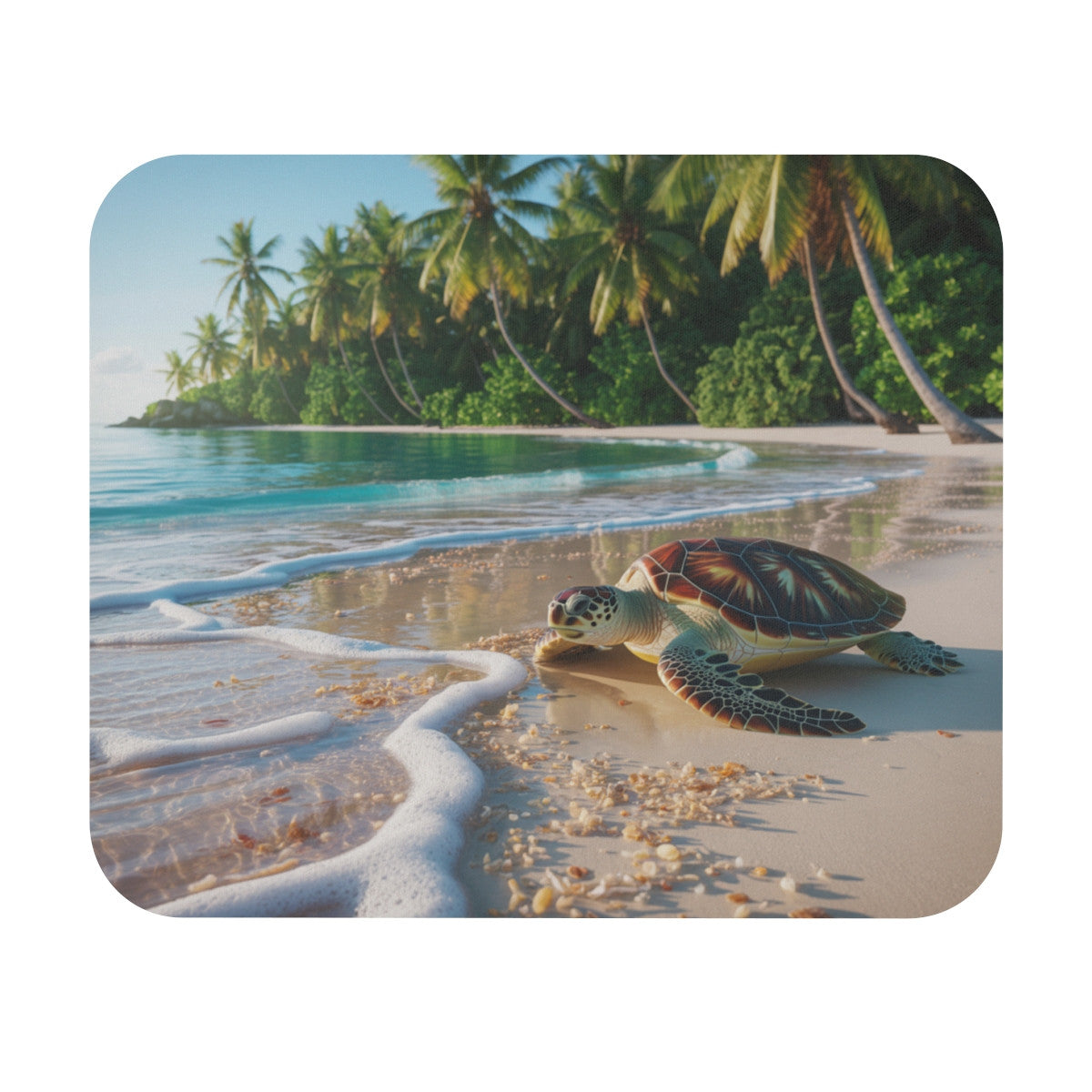 Tapis de souris 22x18 cm – Tortue sur la Plage Tropicale – Océan, Palmiers & Sérénité Naturelle – Design Marin & Zen