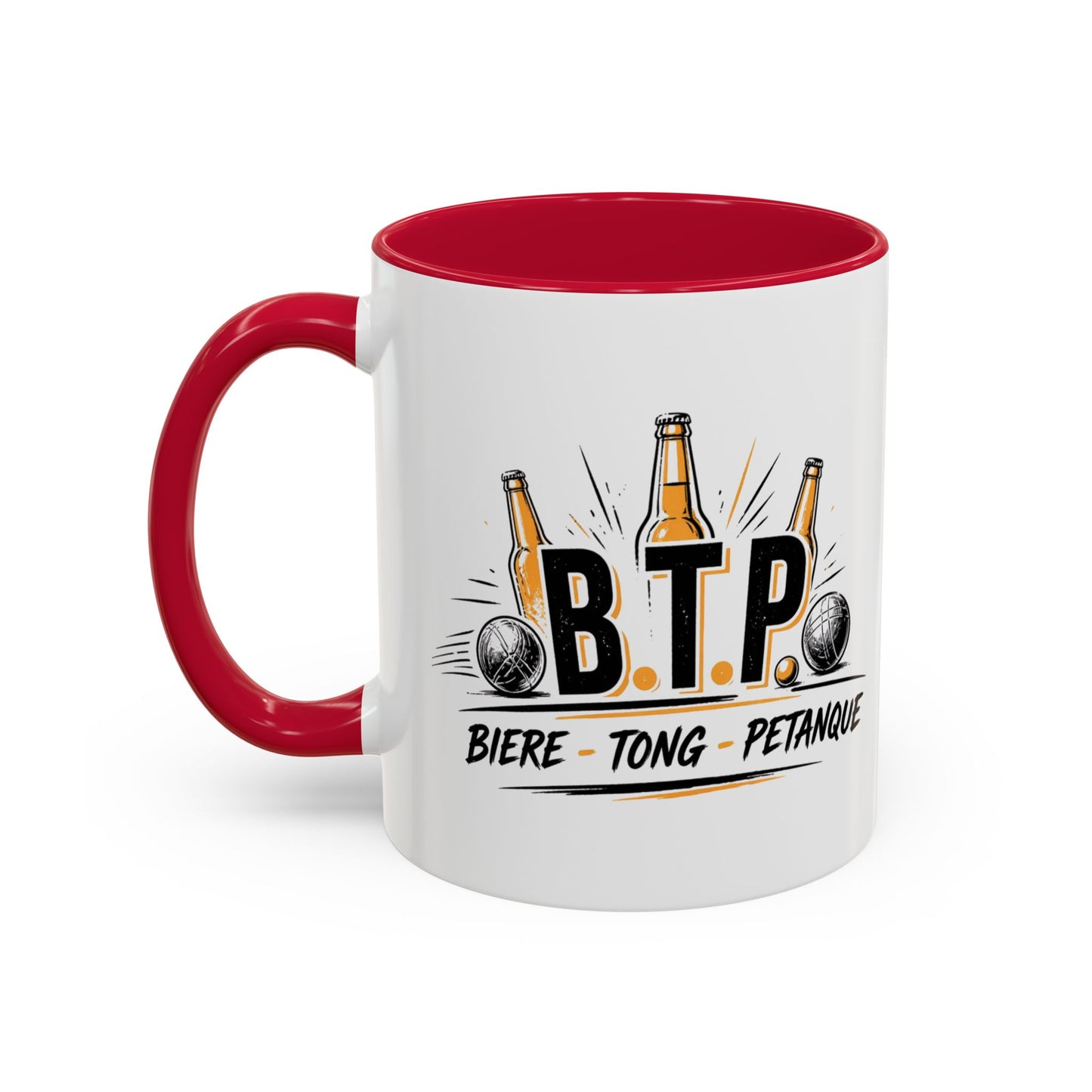 Mug B.T.P. Humoristique – Tasse Bière Tong Pétanque – Cadeau Original Apéro et Pétanque – Céramique 325ml Noir Bleu Rouge