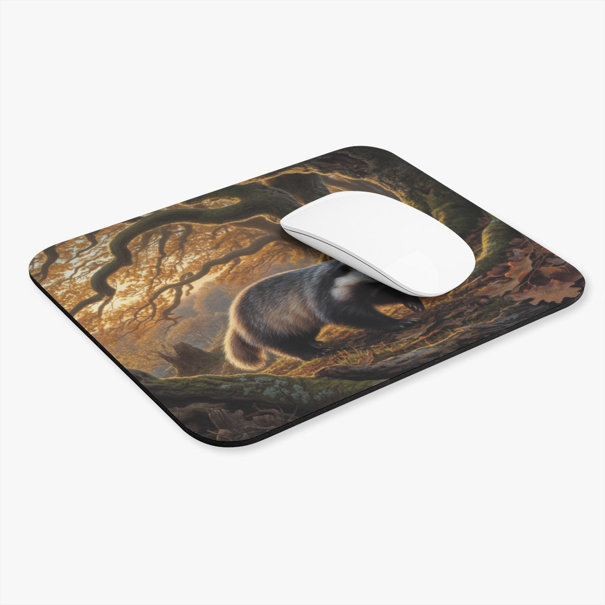 Tapis de souris 22x18 cm – Blaireau en Forêt d’Automne – Feuilles Dorées & Arbres Anciens