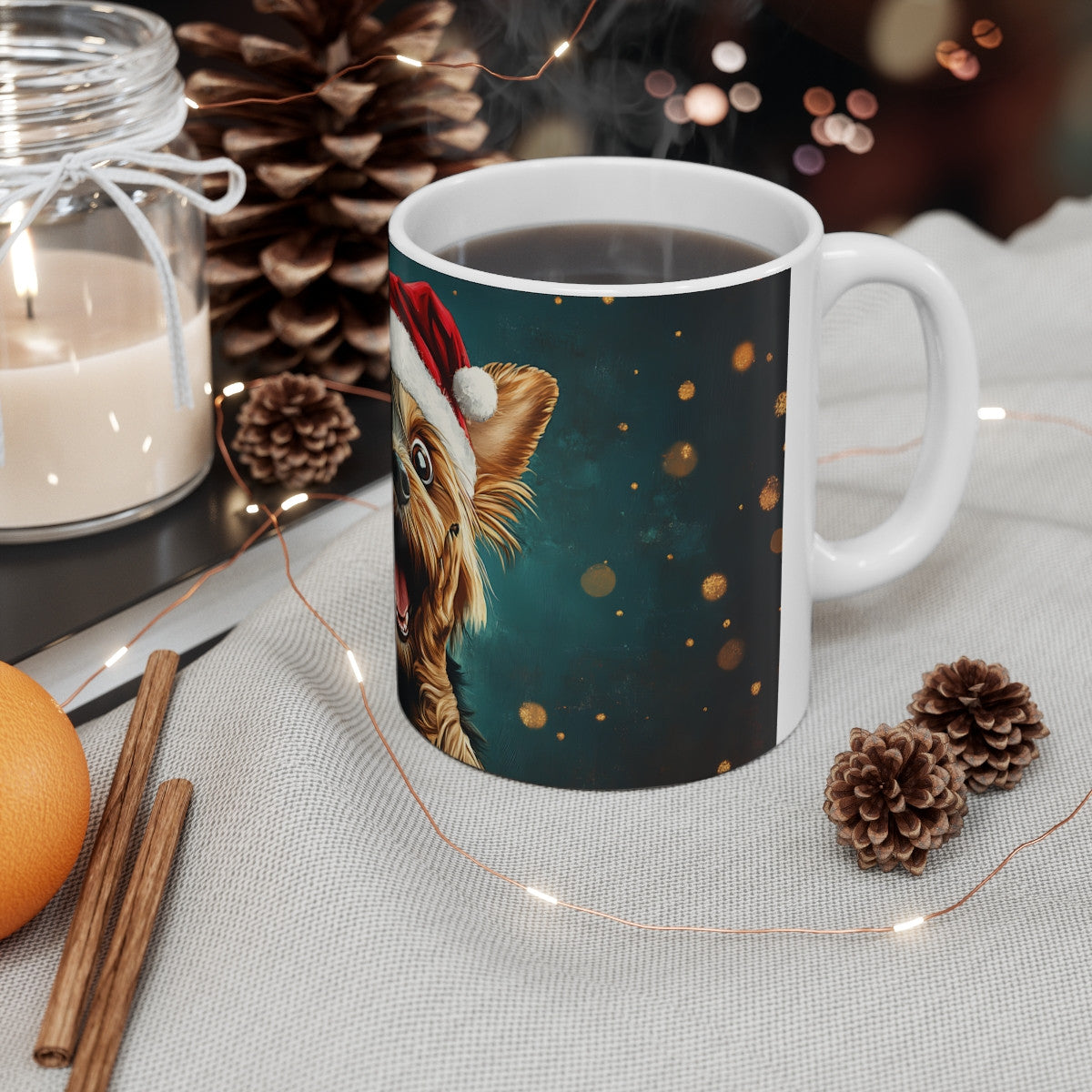 Tasse Chien de Noël – Mug avec Petit Chien Surpris et Bonnet de Santa – Cadeau Mignon et Festif 325 ml