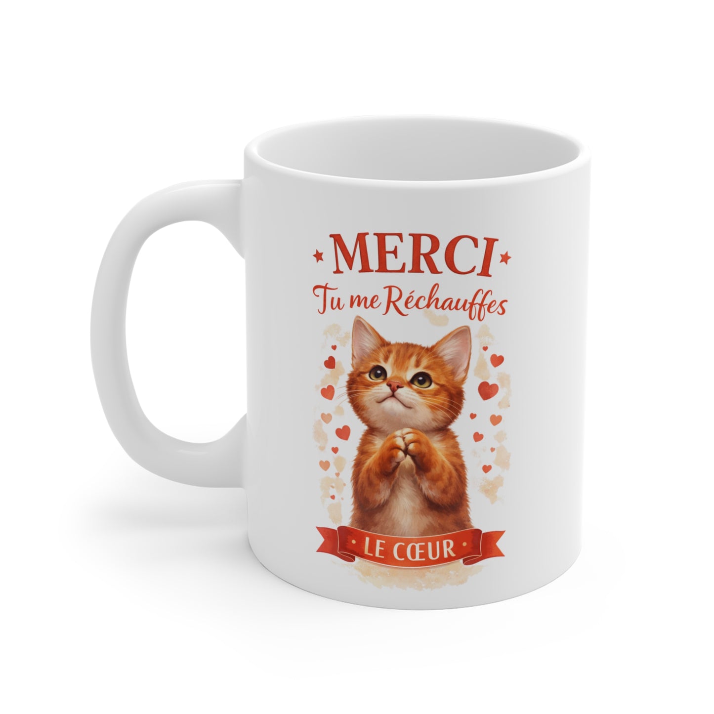 Mug Chat Amour – Merci Tu Me Réchauffes Le Cœur – Tasse Cadeau Mignon avec Chat et Cœurs – Idée Cadeau