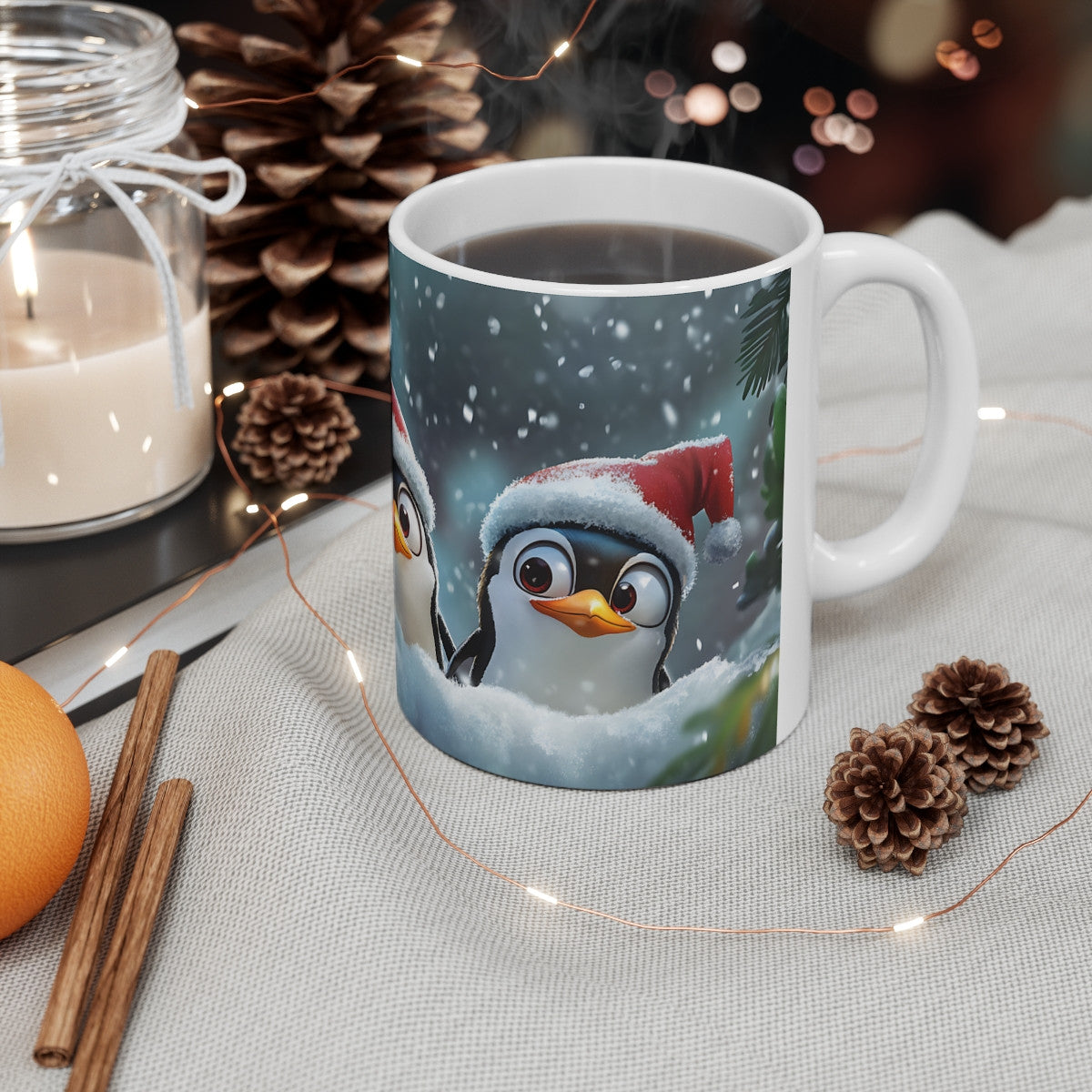 Tasse Pingouins de Noël – Mug Hiver Mignon 325 ml – Trois Pingouins avec Bonnet de Santa – Cadeau Festif et Adorable