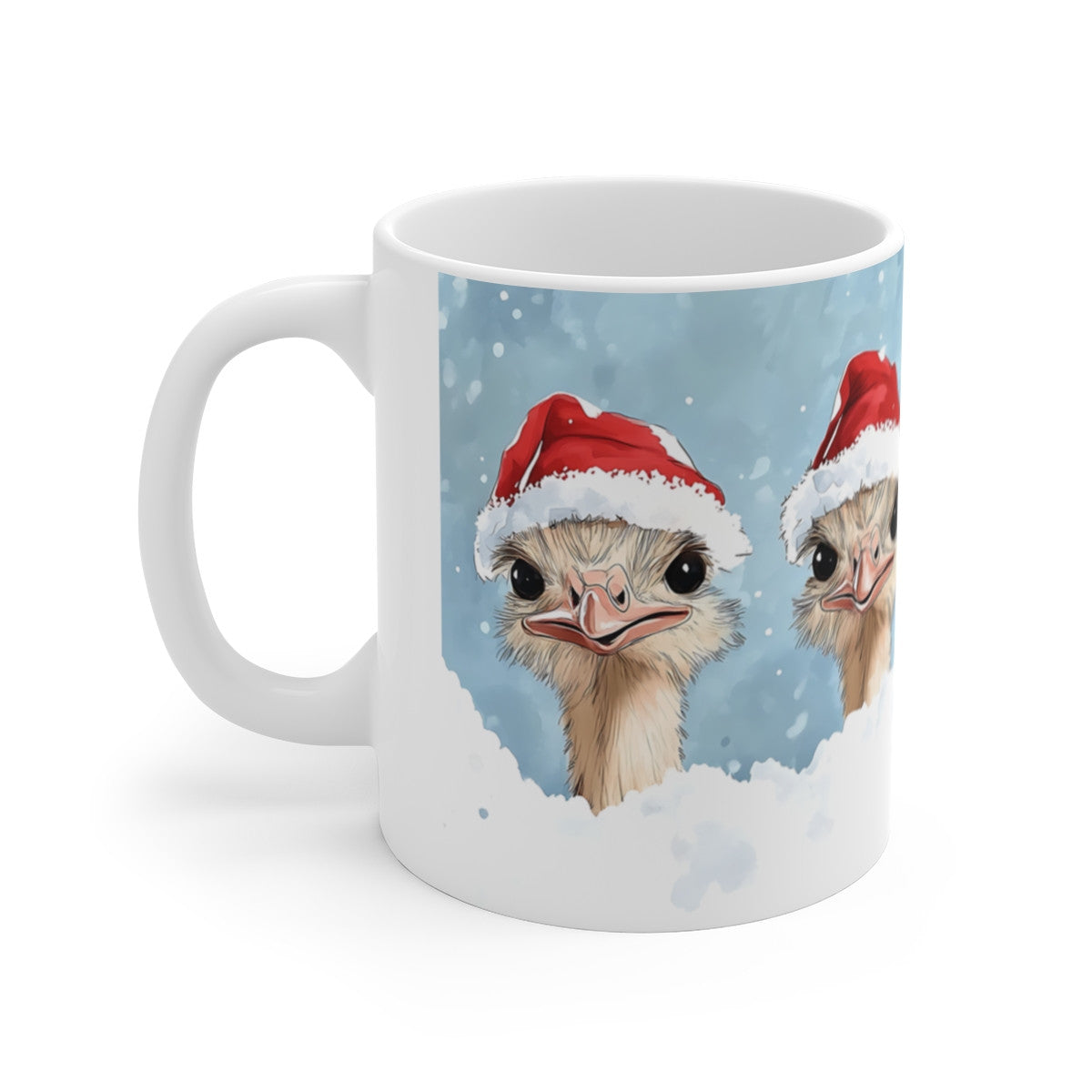 Tasse Autruches de Noël – Mug Hiver Humoristique 325 ml – Quatre Autruches avec Bonnet de Santa – Cadeau Original