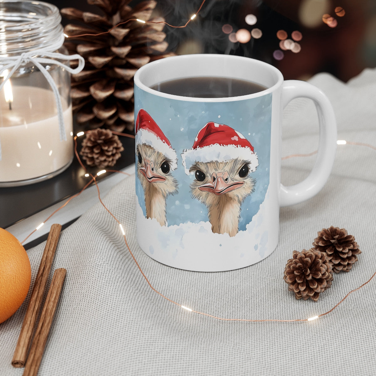 Tasse Autruches de Noël – Mug Hiver Humoristique 325 ml – Quatre Autruches avec Bonnet de Santa – Cadeau Original