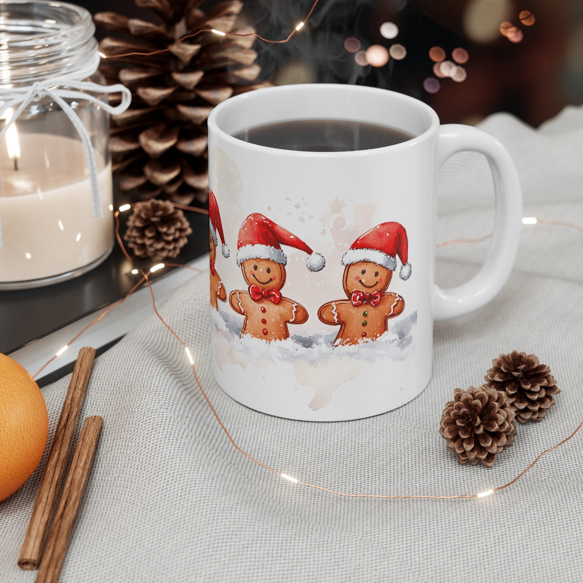 Tasse Bonhommes Pain d’Épices de Noël – Mug Festif 325 ml – Cinq Biscuits en Bonnet de Santa