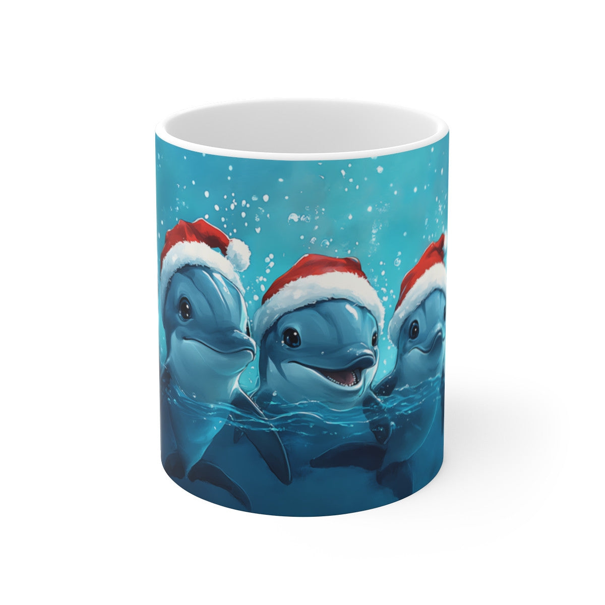 Tasse Dauphins de Noël – Mug Hiver Festif 325 ml – Cinq Dauphins en Bonnet de Santa – Cadeau Original