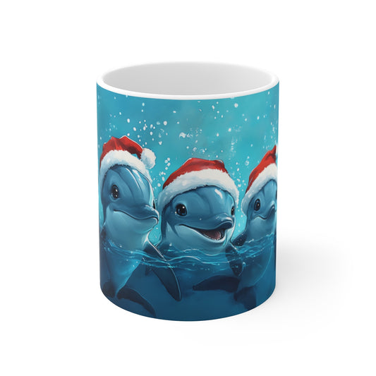 Tasse Dauphins de Noël – Mug Hiver Festif 325 ml – Cinq Dauphins en Bonnet de Santa – Cadeau Original