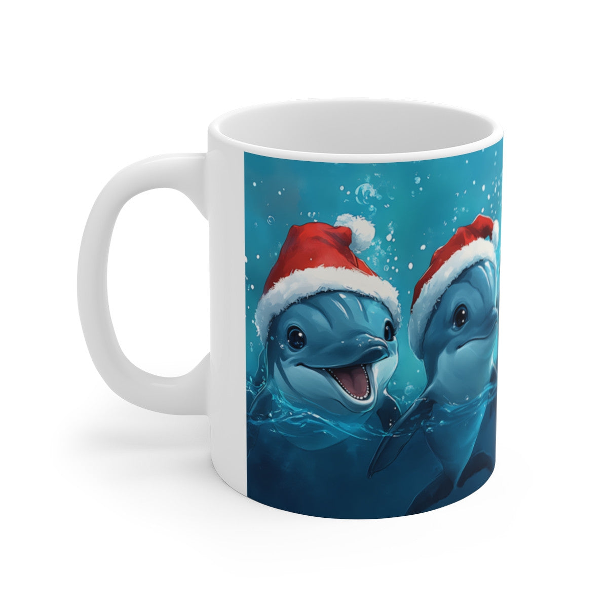 Tasse Dauphins de Noël – Mug Hiver Festif 325 ml – Cinq Dauphins en Bonnet de Santa – Cadeau Original