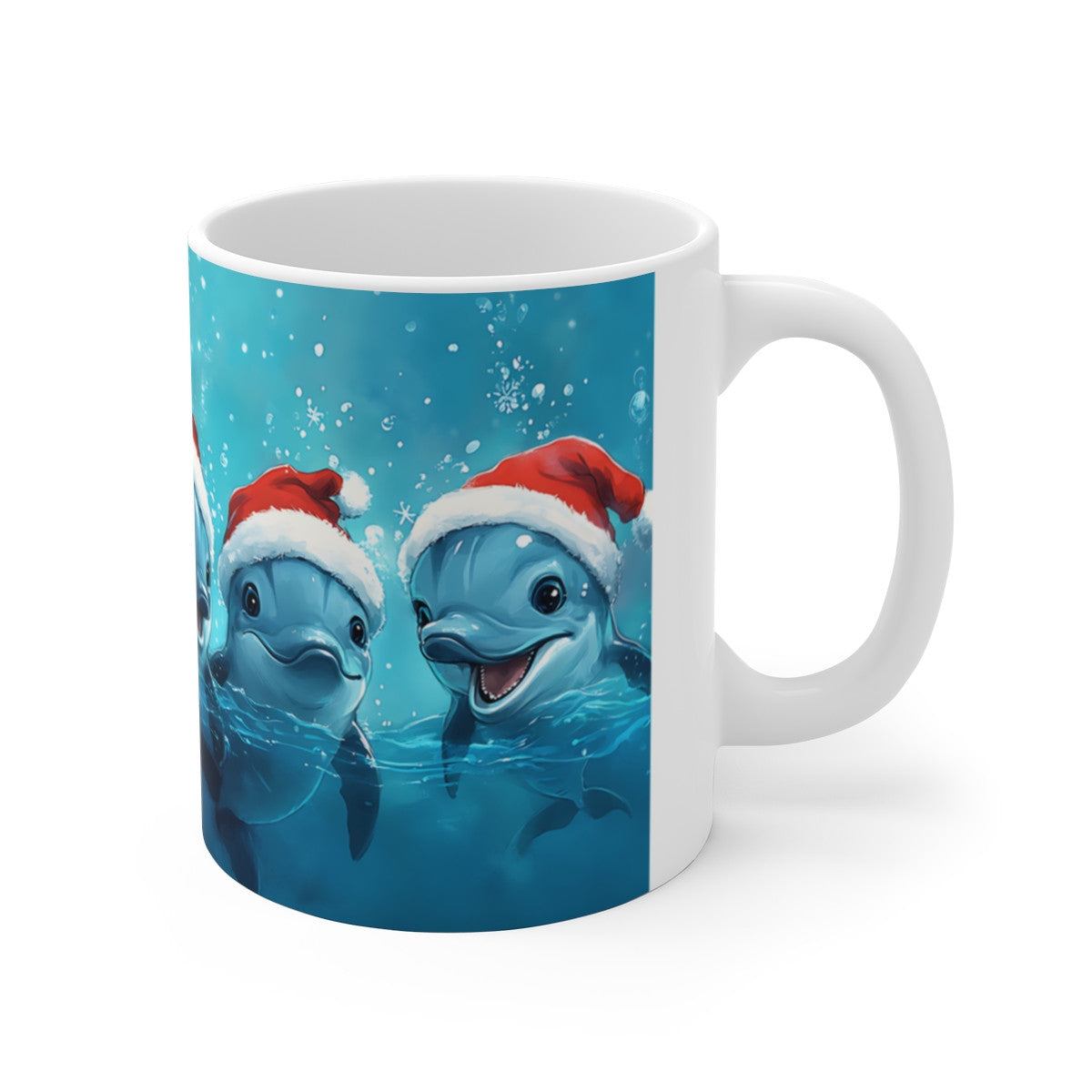 Tasse Dauphins de Noël – Mug Hiver Festif 325 ml – Cinq Dauphins en Bonnet de Santa – Cadeau Original