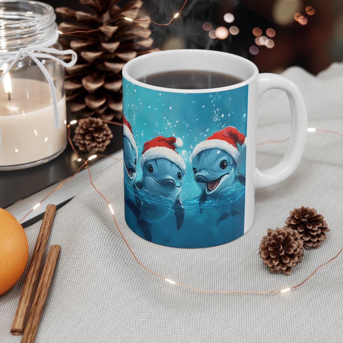 Tasse Dauphins de Noël – Mug Hiver Festif 325 ml – Cinq Dauphins en Bonnet de Santa – Cadeau Original