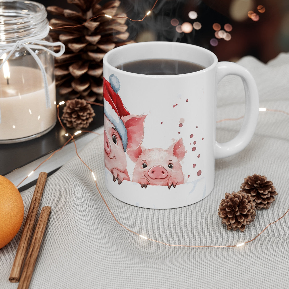 Tasse Cochons de Noël – Mug Hiver 325 ml – Trois Petits Cochons avec Bonnet de Santa – Cadeau