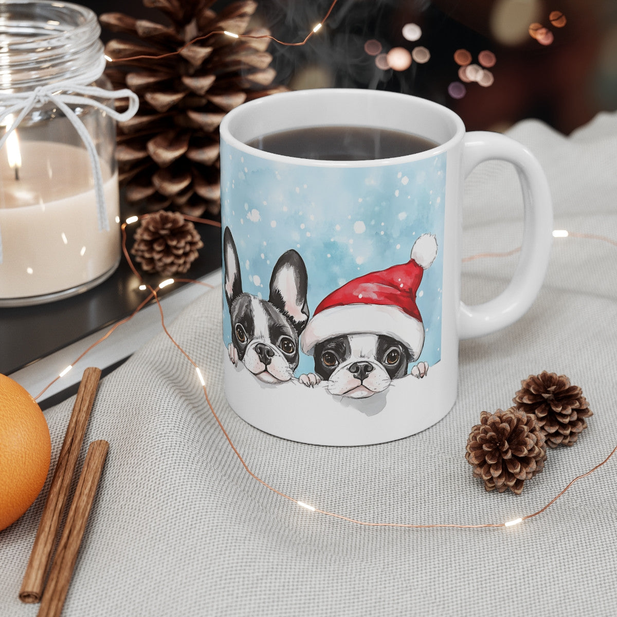 Tasse Noël Chiens Rigolos – Mug Aquarelle Festif Chien Bonnet Père Noël – Idée Cadeau Hiver Céramique 325ml