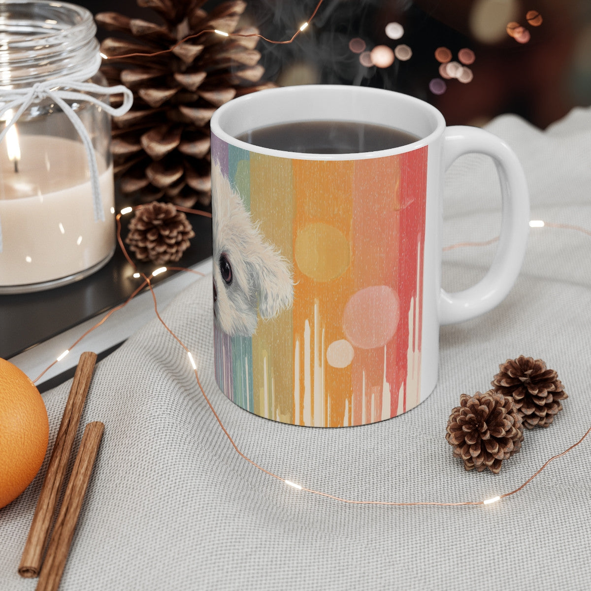 Tasse Chien Blanc Mignon – Mug Aquarelle Arc-en-Ciel – Cadeau Animal Doux Céramique 325ml