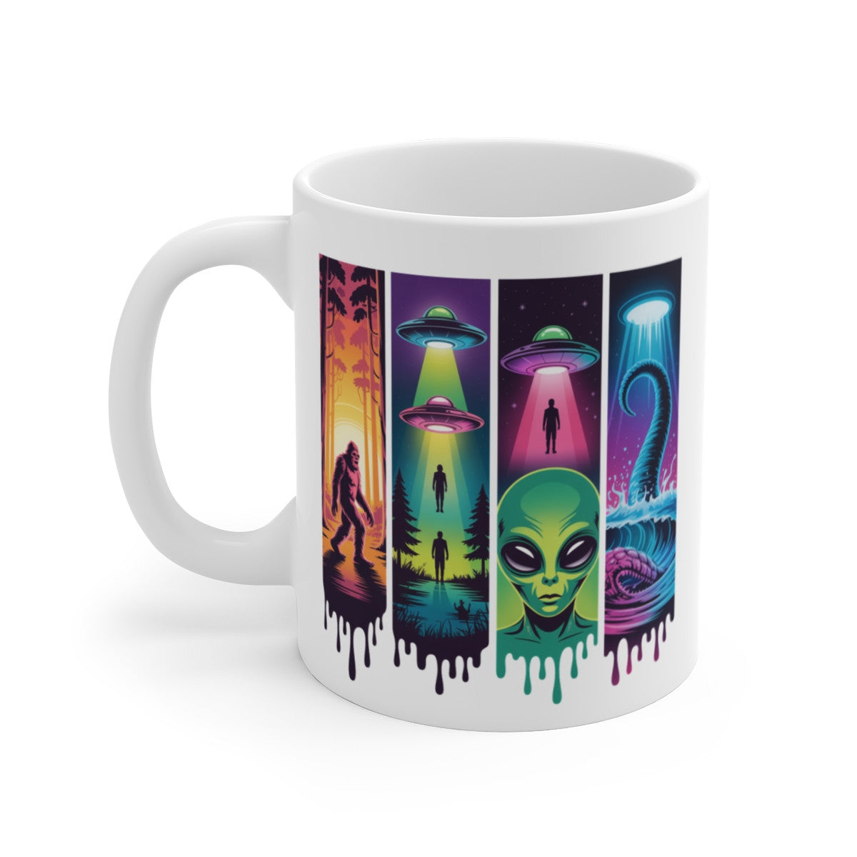 Tasse OVNI Alien Bigfoot Monstre Marin – Mug Mystère Sci-Fi Néon Rétro – Cadeau Geek Céramique 325ml
