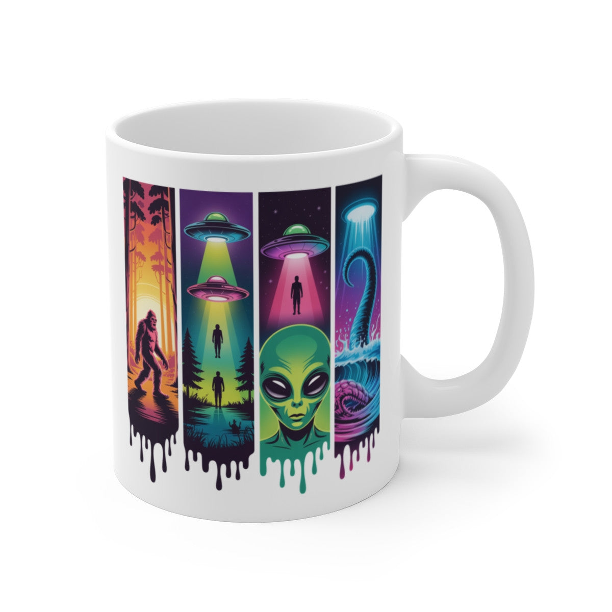 Tasse OVNI Alien Bigfoot Monstre Marin – Mug Mystère Sci-Fi Néon Rétro – Cadeau Geek Céramique 325ml