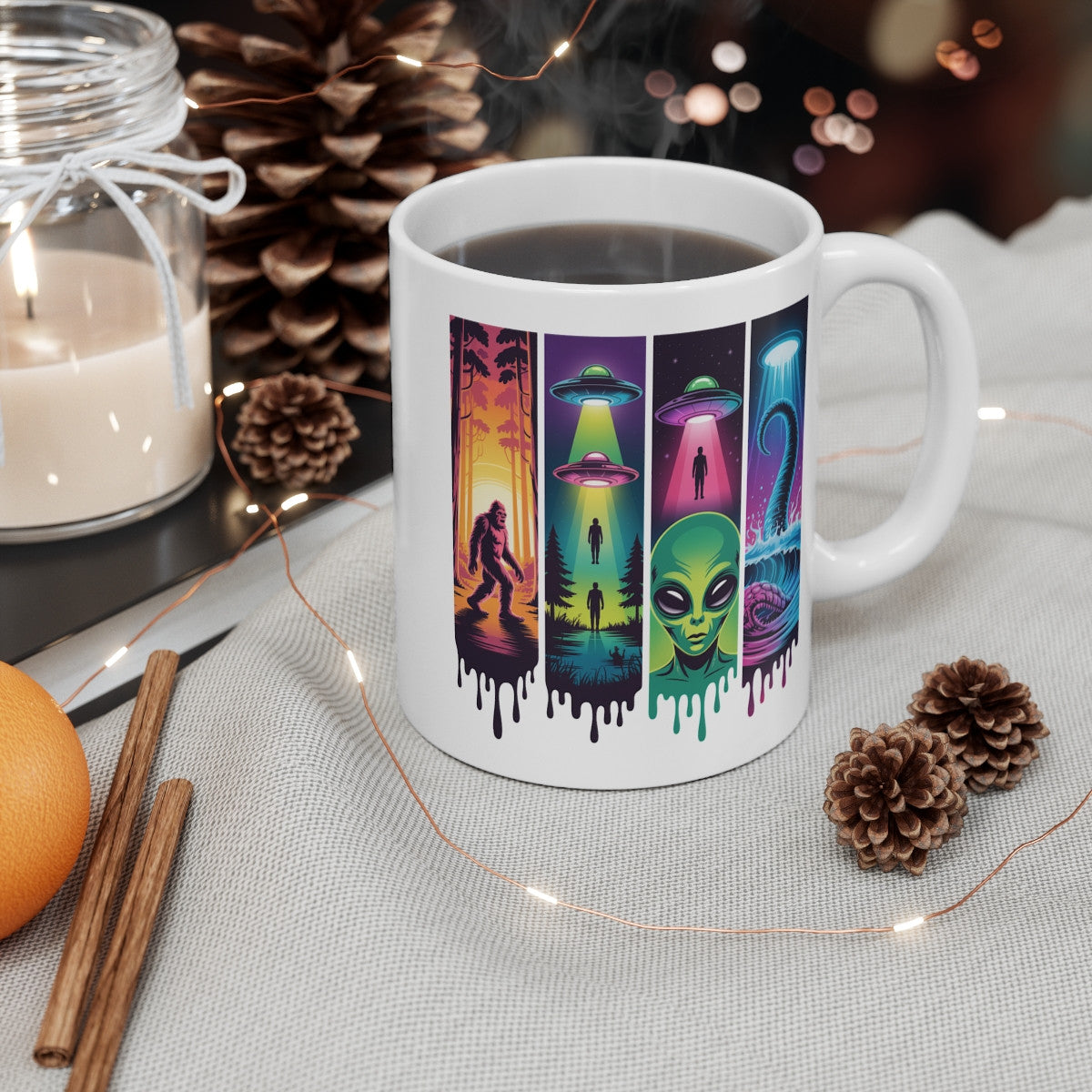 Tasse OVNI Alien Bigfoot Monstre Marin – Mug Mystère Sci-Fi Néon Rétro – Cadeau Geek Céramique 325ml