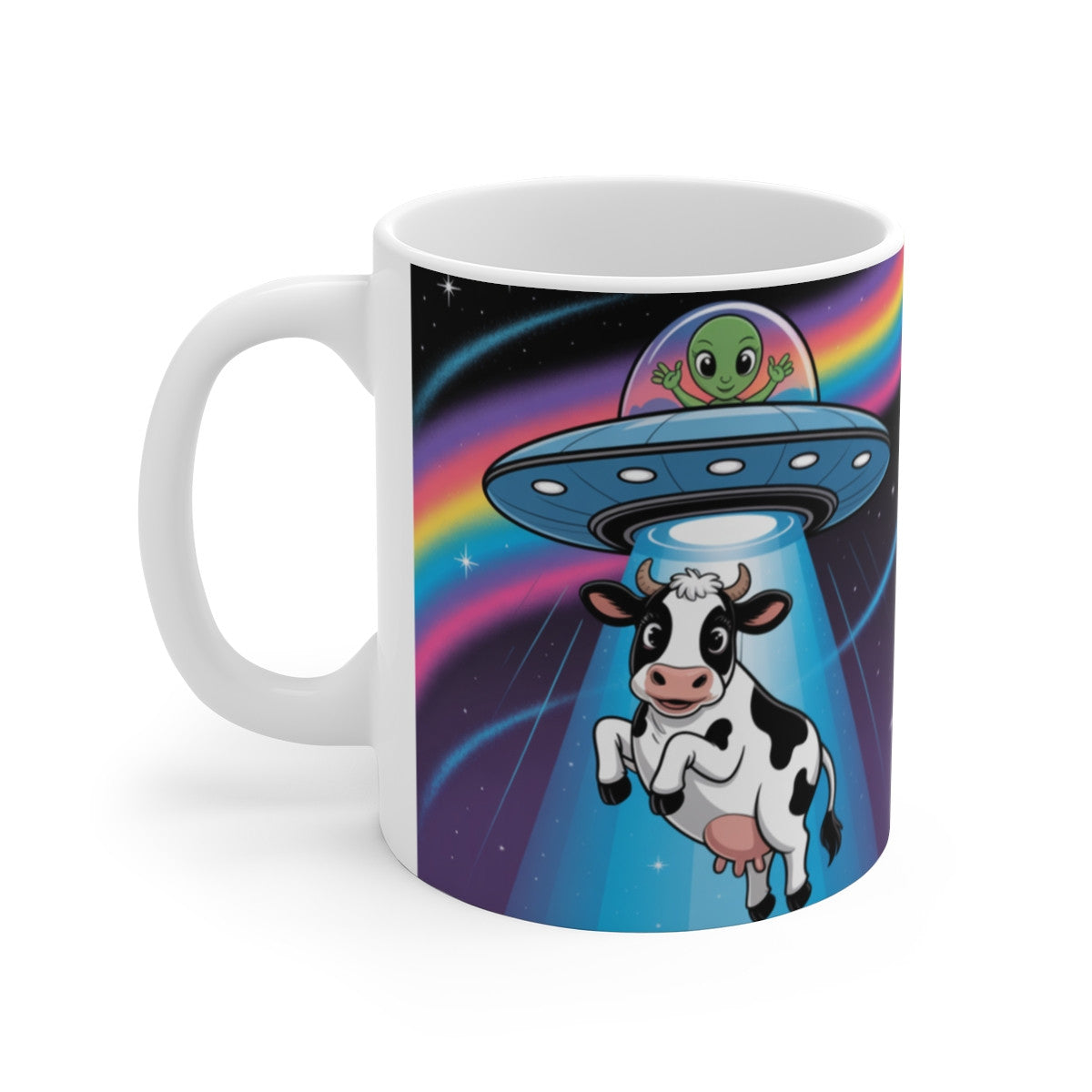 Tasse Alien OVNI et Vache – Mug Humoristique Arc-en-Ciel Espace – Cadeau Geek Drôle Céramique 325ml