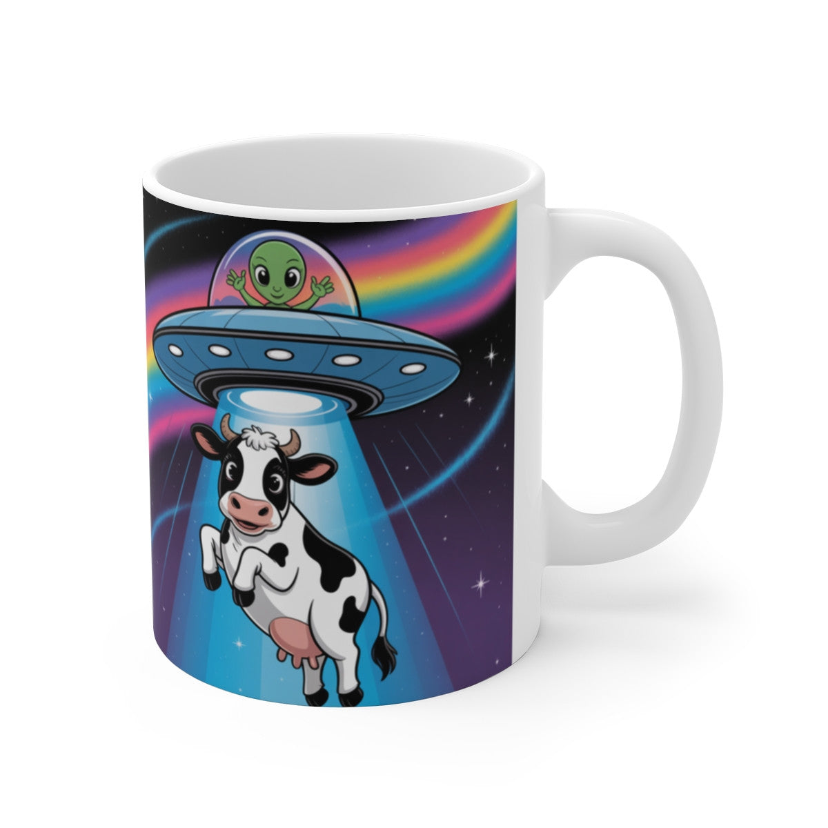 Tasse Alien OVNI et Vache – Mug Humoristique Arc-en-Ciel Espace – Cadeau Geek Drôle Céramique 325ml