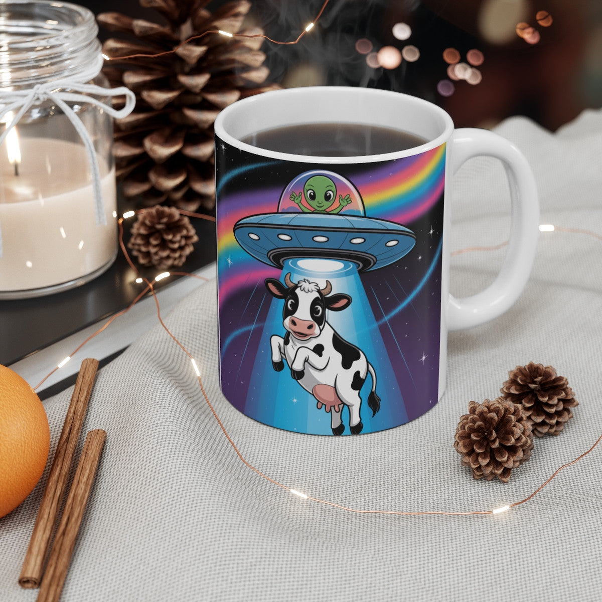 Tasse Alien OVNI et Vache – Mug Humoristique Arc-en-Ciel Espace – Cadeau Geek Drôle Céramique 325ml