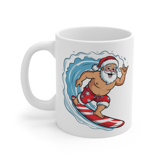 Tasse Céramique Père Noël Surfeur – Mug Noël Original – Cadeau Humour Vacances d’Hiver Été 325ml