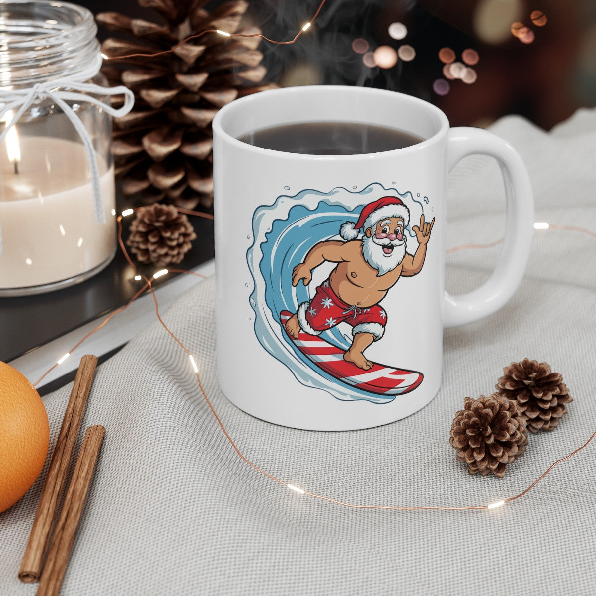 Tasse Céramique Père Noël Surfeur – Mug Noël Original – Cadeau Humour Vacances d’Hiver Été 325ml