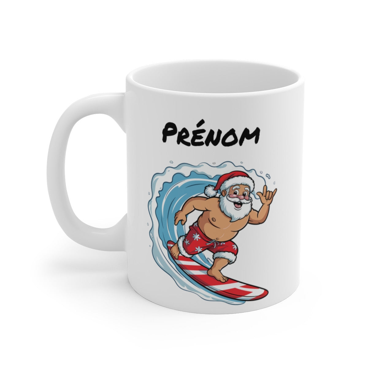 Tasse Personnalisable Père Noël Surfeur – Mug Noël Original – Cadeau Humour Vacances d’Hiver Été 325 ml