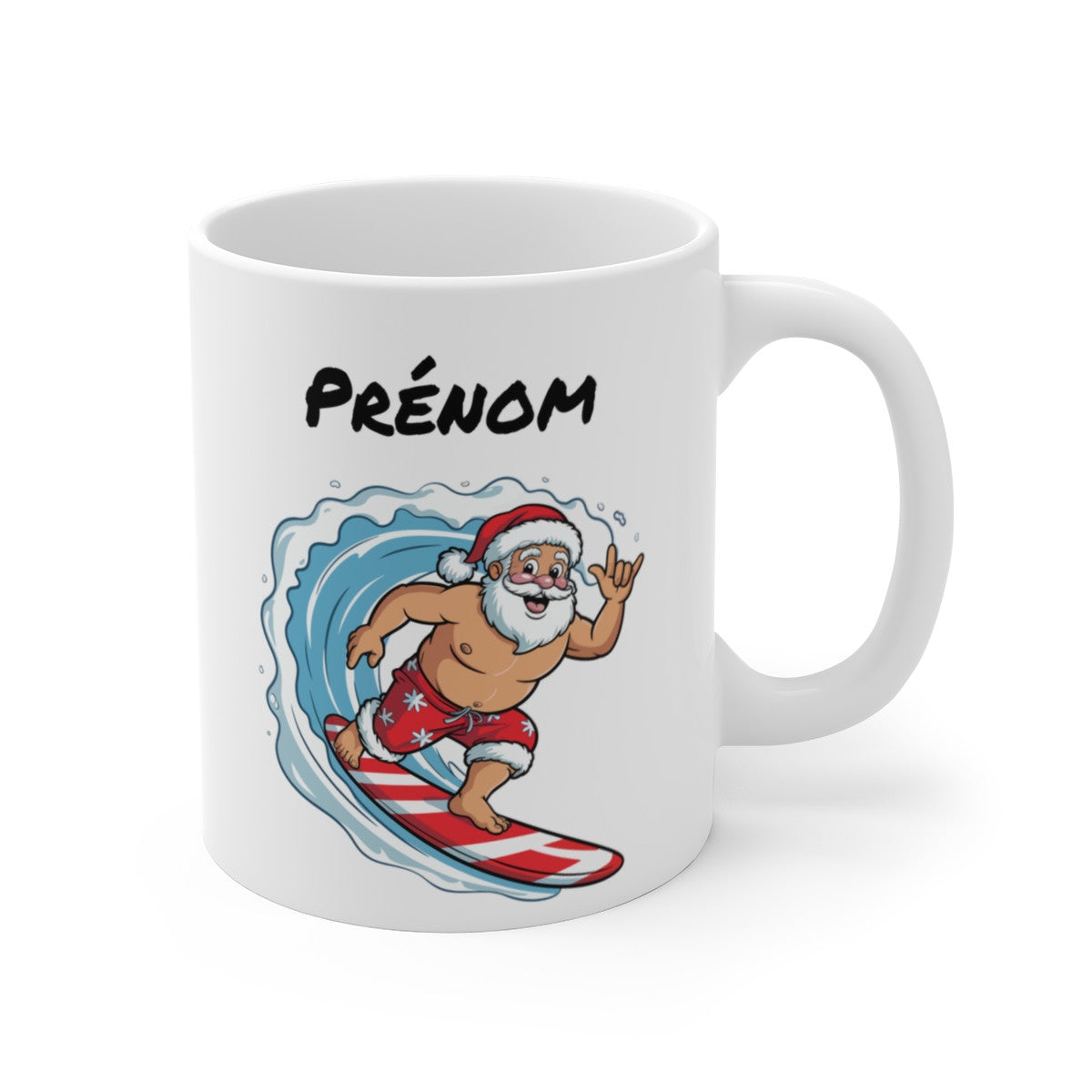 Tasse Personnalisable Père Noël Surfeur – Mug Noël Original – Cadeau Humour Vacances d’Hiver Été 325 ml