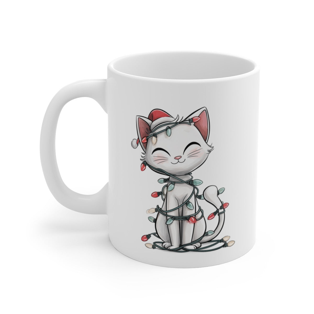Tasse Céramique Chat Noël Mignon – Mug Chat Blanc Bonnet Festif – Cadeau Hiver Original 325 ml