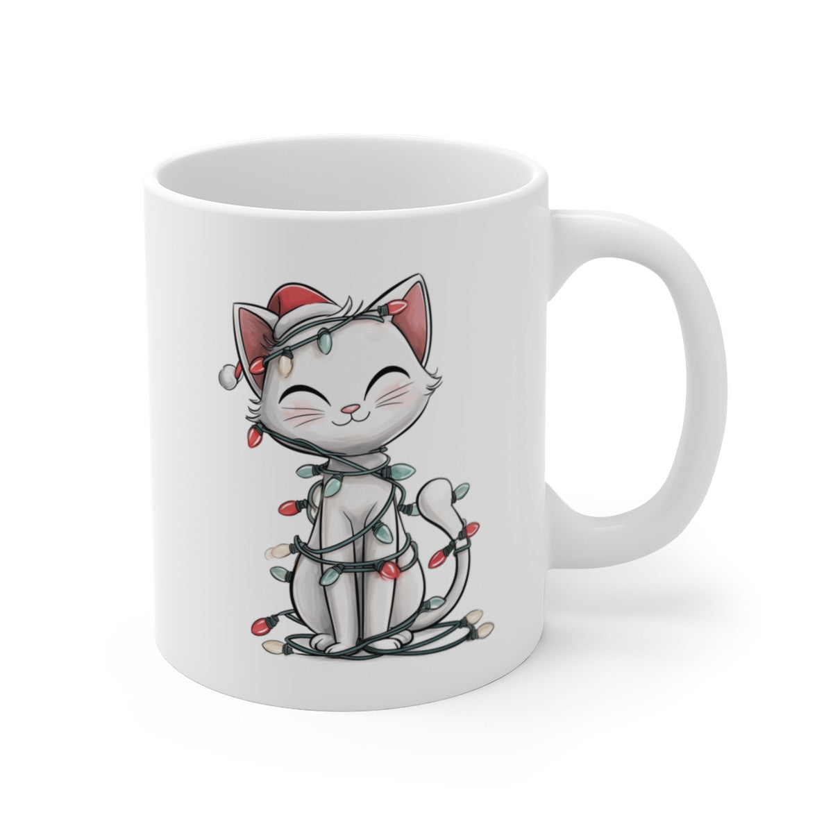 Tasse Céramique Chat Noël Mignon – Mug Chat Blanc Bonnet Festif – Cadeau Hiver Original 325 ml