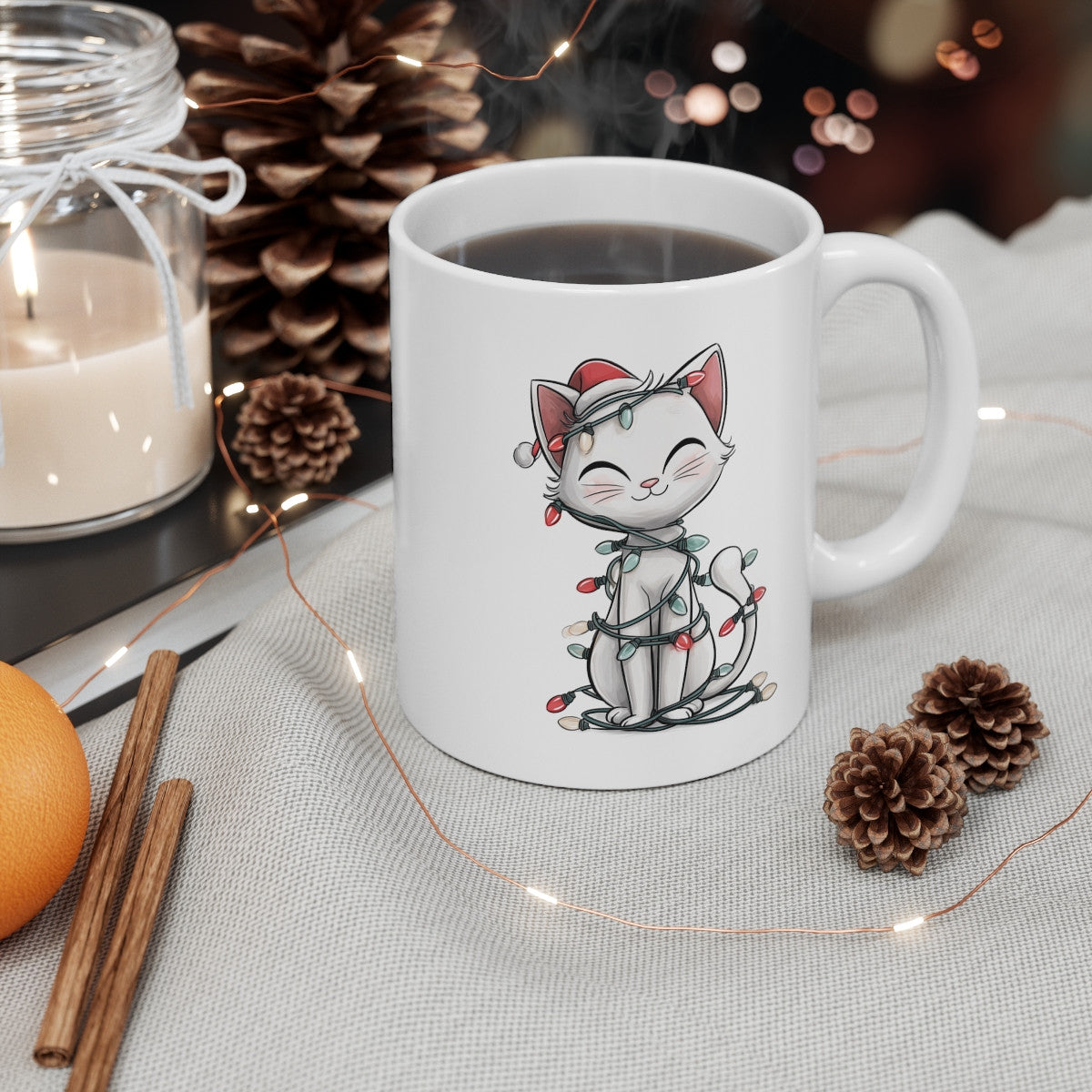 Tasse Céramique Chat Noël Mignon – Mug Chat Blanc Bonnet Festif – Cadeau Hiver Original 325 ml