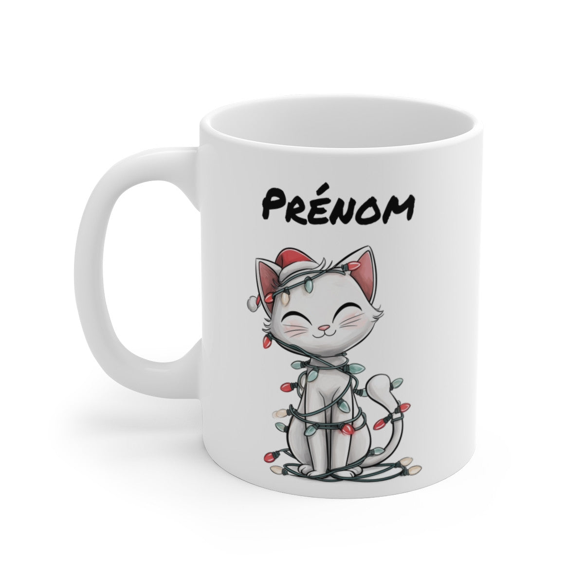 Tasse Personnalisable Chat Noël Mignon – Mug Prénom Chat Blanc Festif – Cadeau Hiver Original 325 ml