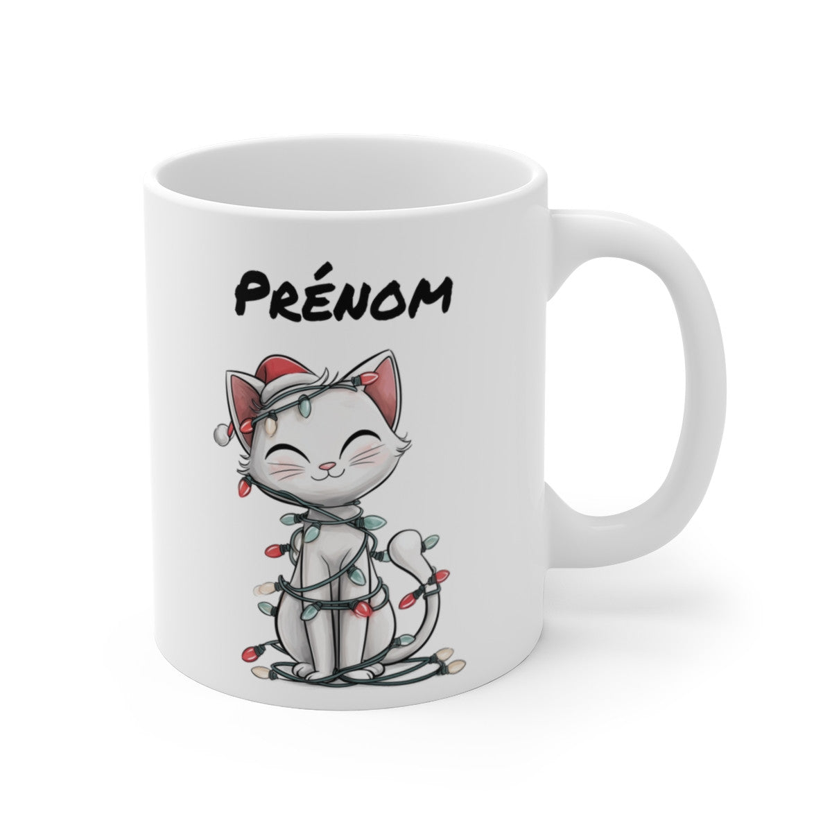 Tasse Personnalisable Chat Noël Mignon – Mug Prénom Chat Blanc Festif – Cadeau Hiver Original 325 ml