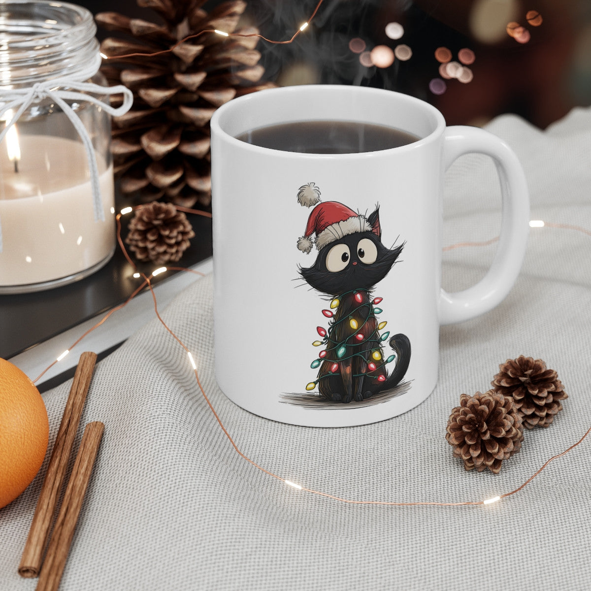 Tasse Céramique Chat Noël Mignon – Mug Chat Noir Festif – Cadeau Hiver Original 325 ml