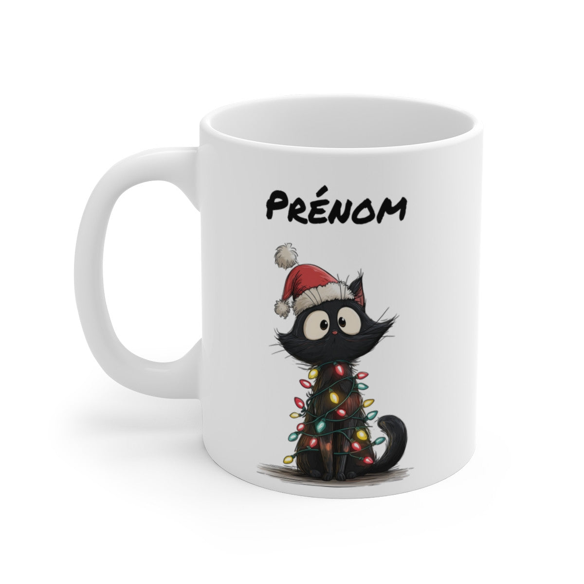 Tasse Personnalisable Chat Noël Mignon – Mug Prénom Chat Noir Festif – Cadeau Hiver Original 325 ml