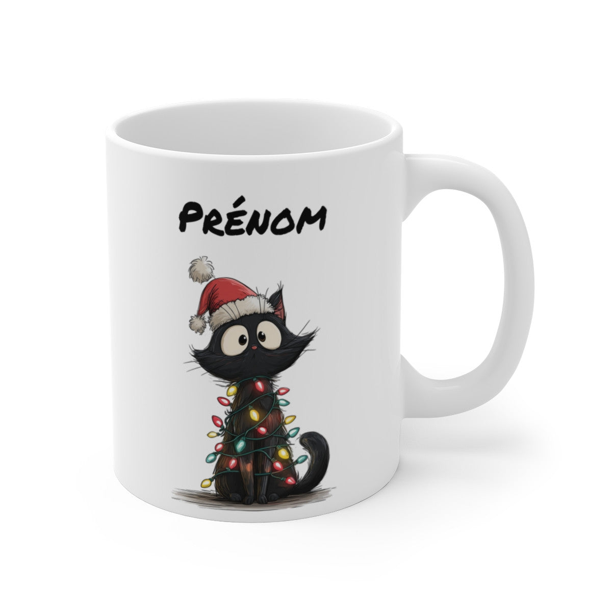 Tasse Personnalisable Chat Noël Mignon – Mug Prénom Chat Noir Festif – Cadeau Hiver Original 325 ml