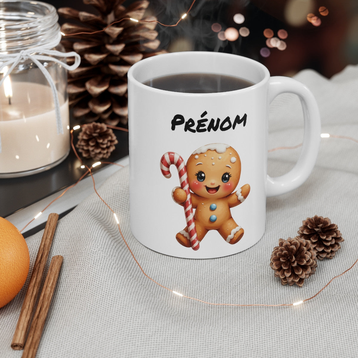 Tasse Personnalisable Bonhomme Pain d’Épices – Mug Prénom Noël Mignon – Cadeau Gourmand Hiver 325 ml