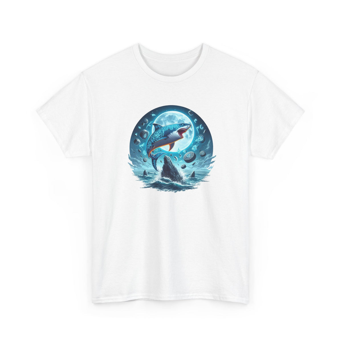 Tee Shirt Requin Lune Homme Femme – T-Shirt Requin Mystique Océan – Design Fantastique Bleu – Cadeau Original