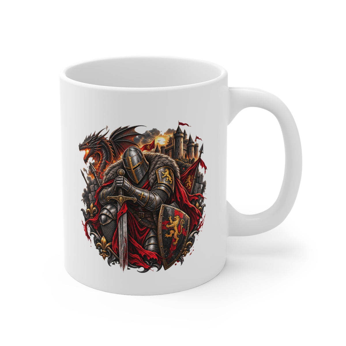 Mug Chevalier Médiéval – Guerrier Dragon et Château – Tasse Fantastique – Cadeau Original Homme Passionné du Moyen Âge