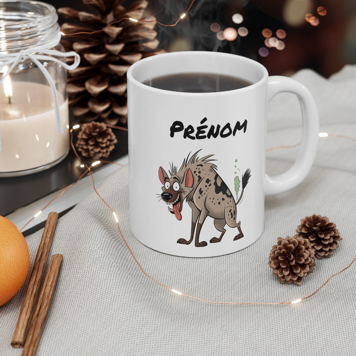 Tasse Personnalisable Hyène qui Pète – Mug Humour avec Prénom 325ml Cadeau Rigolo Collègue