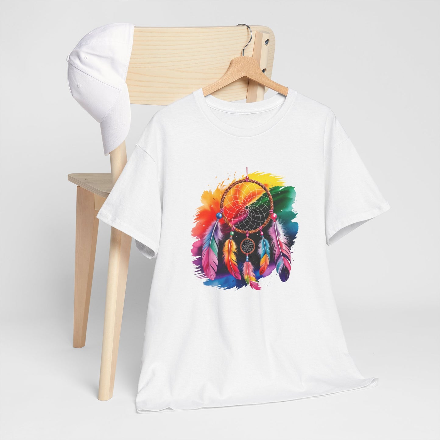 T-Shirt Attrape Rêves Bohème Coloré – Tee Shirt Dreamcatcher Spirituel avec Plumes – Cadeau Style Ethnique Noir Blanc Gris