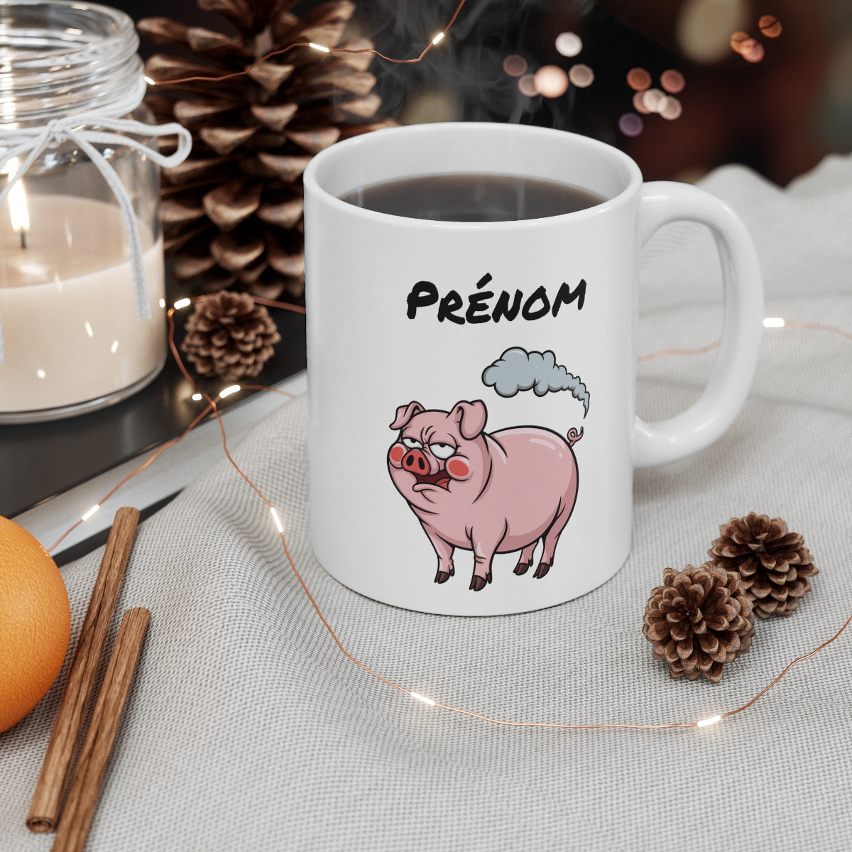 Tasse Cochon qui Pète Personnalisable – Mug Humoristique avec Prénom, Cadeau Drôle Animal Cartoon 325ml