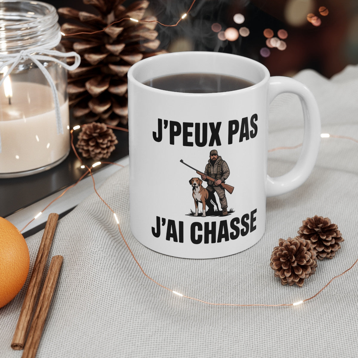 Mug J’Peux Pas J’Ai Chasse – Tasse Chasseur et Chien 325ml – Cadeau Passion Chasse, Nature –