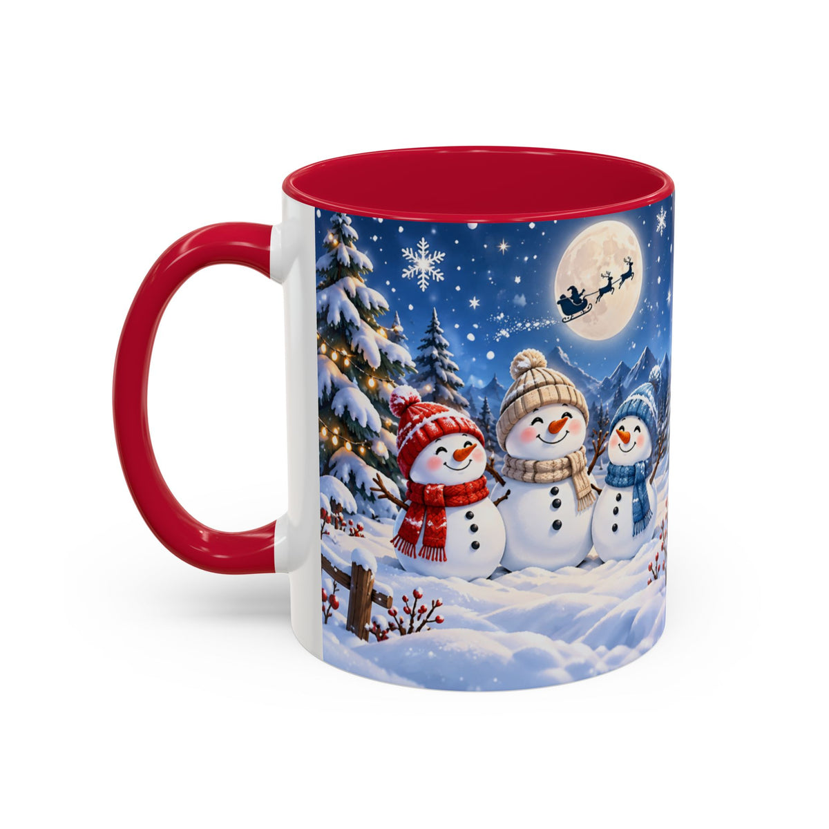 Mug Bonhommes de Neige de Noël – Tasse Hiver avec Sapins Enneigés, Lune et Traîneau du Père Noël – Cadeau Original Homme Femme