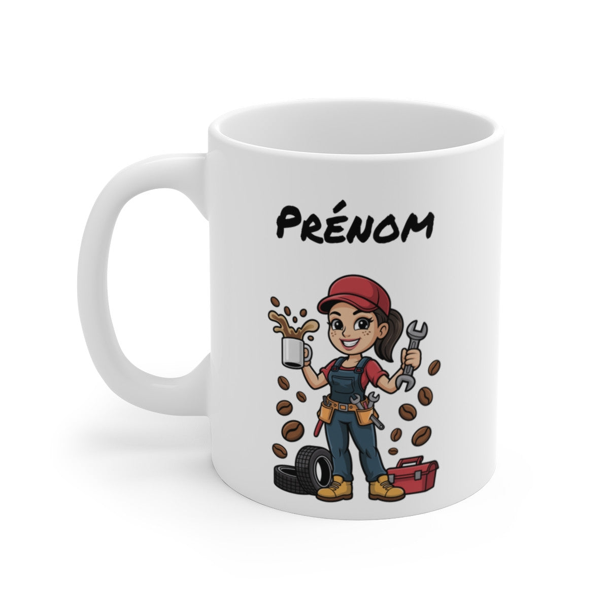 Mug Mécanicienne Personnalisable – Cadeau Garagiste Femme avec Prénom – Tasse Atelier Café
