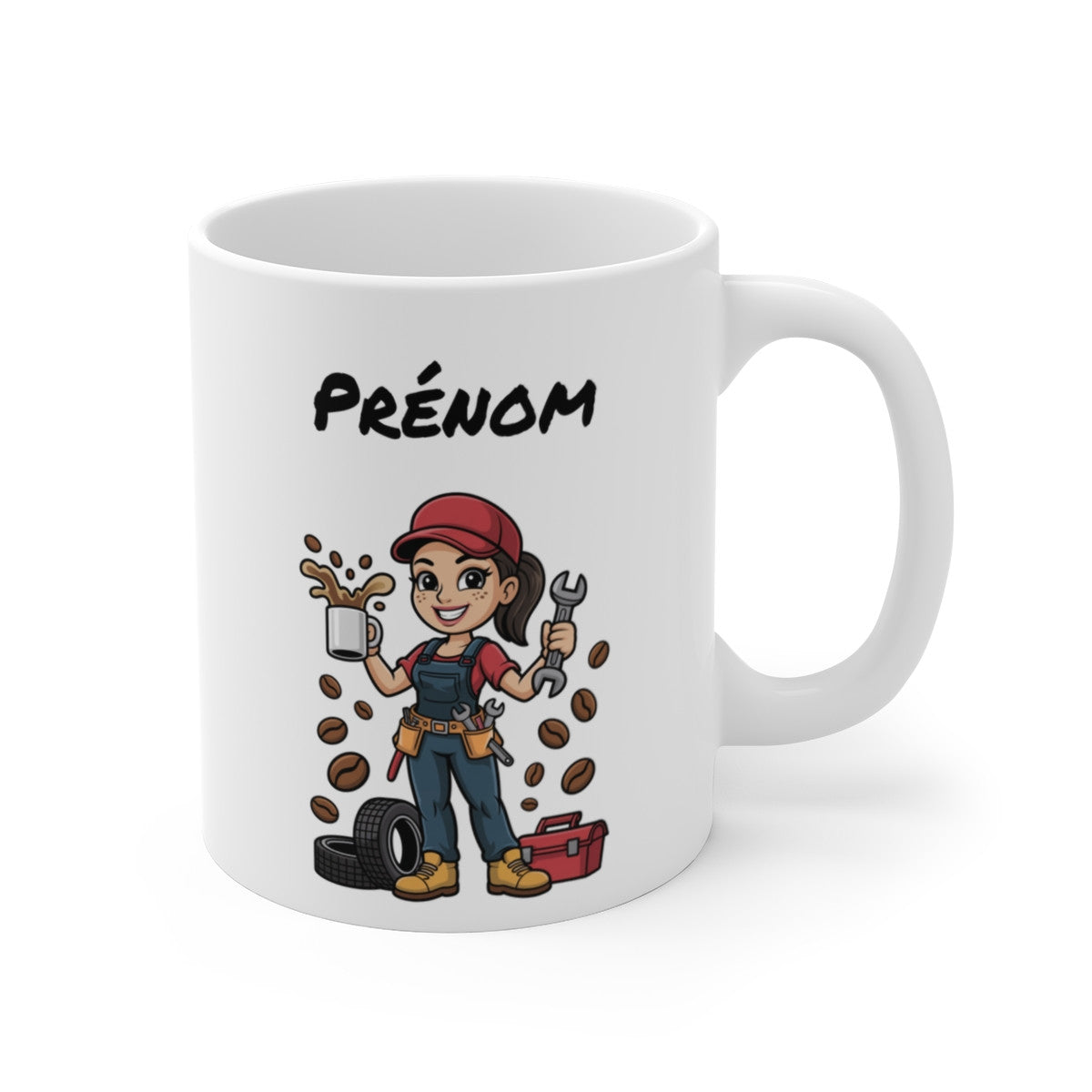 Mug Mécanicienne Personnalisable – Cadeau Garagiste Femme avec Prénom – Tasse Atelier Café