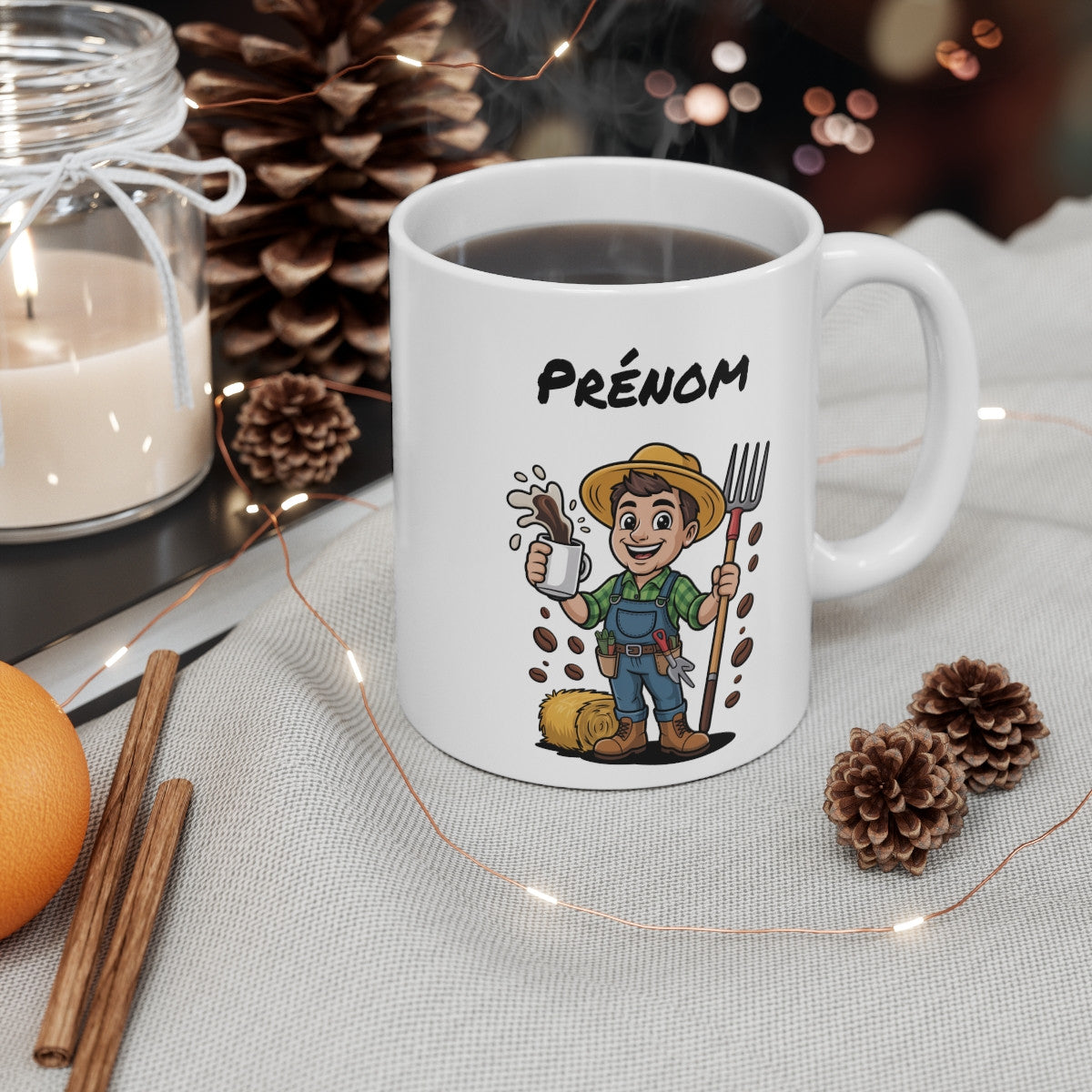 Mug Agriculteur Personnalisable – Cadeau Fermier Homme avec Prénom – Tasse Café Ferme, Paille, Outils