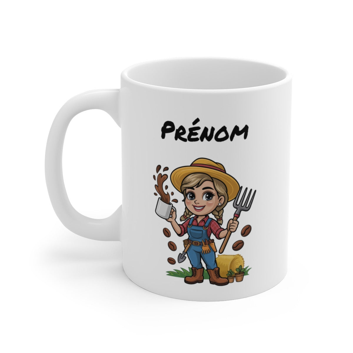 Mug Agricultrice Personnalisable – Cadeau Fermière avec Prénom – Tasse Café Métier Ferme, Paille, Outils Jardinage – Agriculture