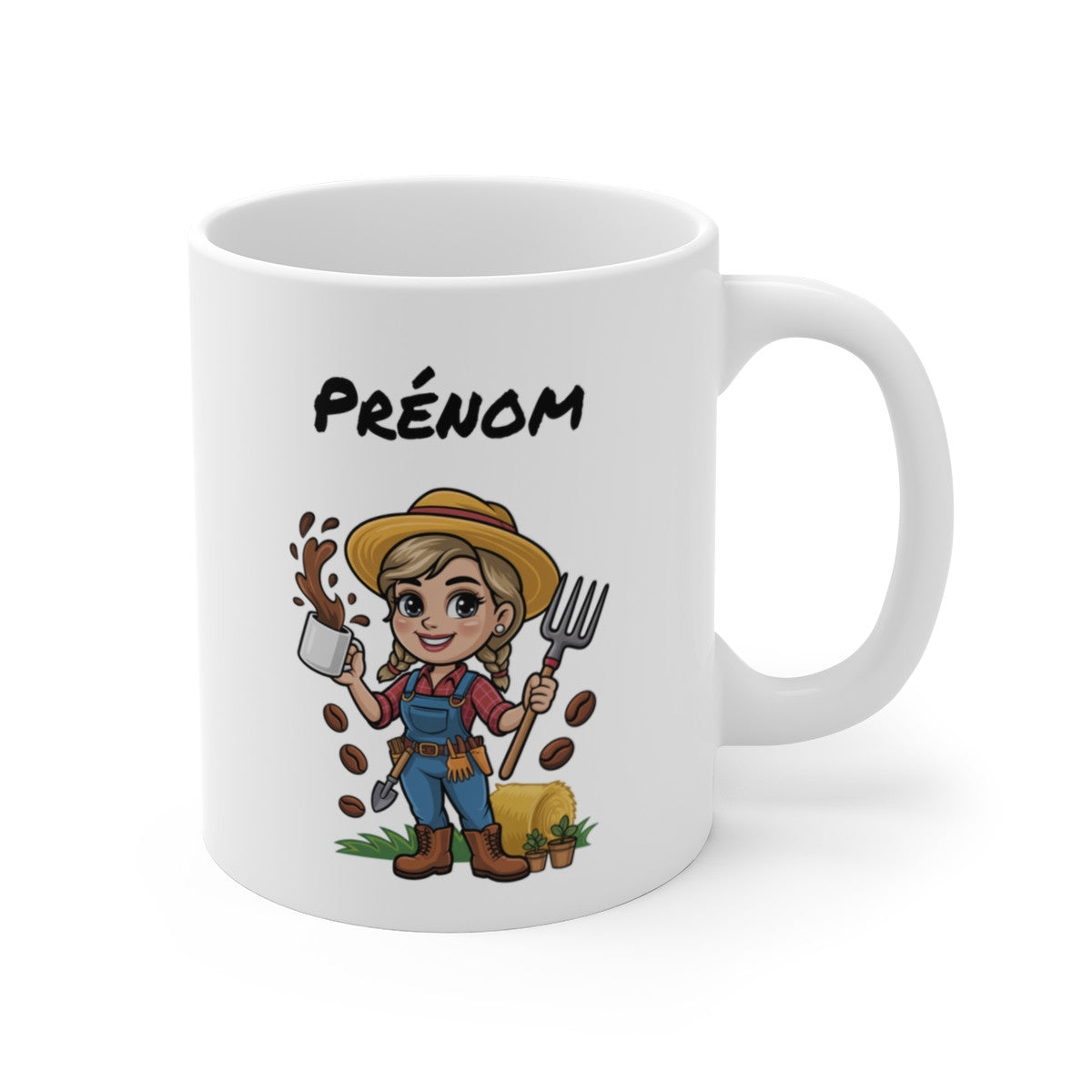 Mug Agricultrice Personnalisable – Cadeau Fermière avec Prénom – Tasse Café Métier Ferme, Paille, Outils Jardinage – Agriculture