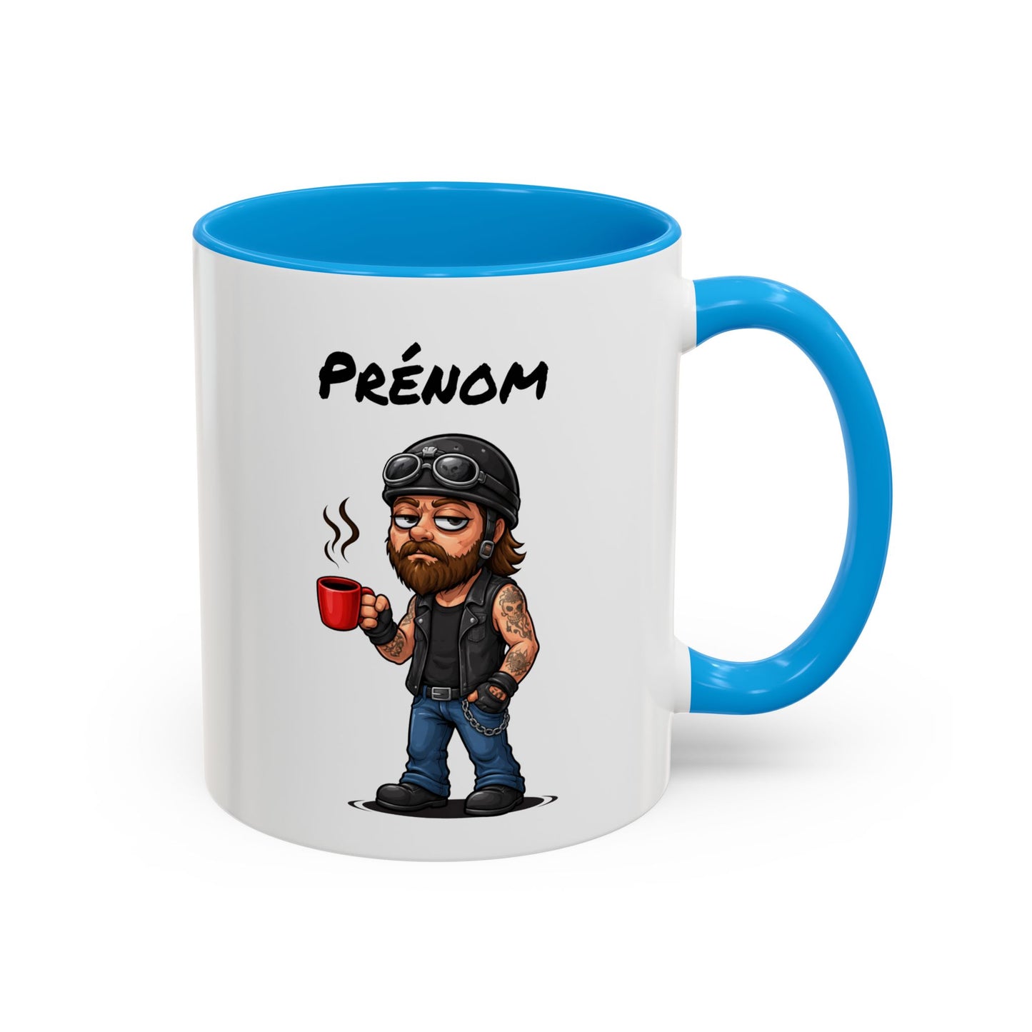 Tasse Motard Fatigué avec Café – Mug Biker Style Rock – Illustration Homme Barbu Casque Moto 325ml